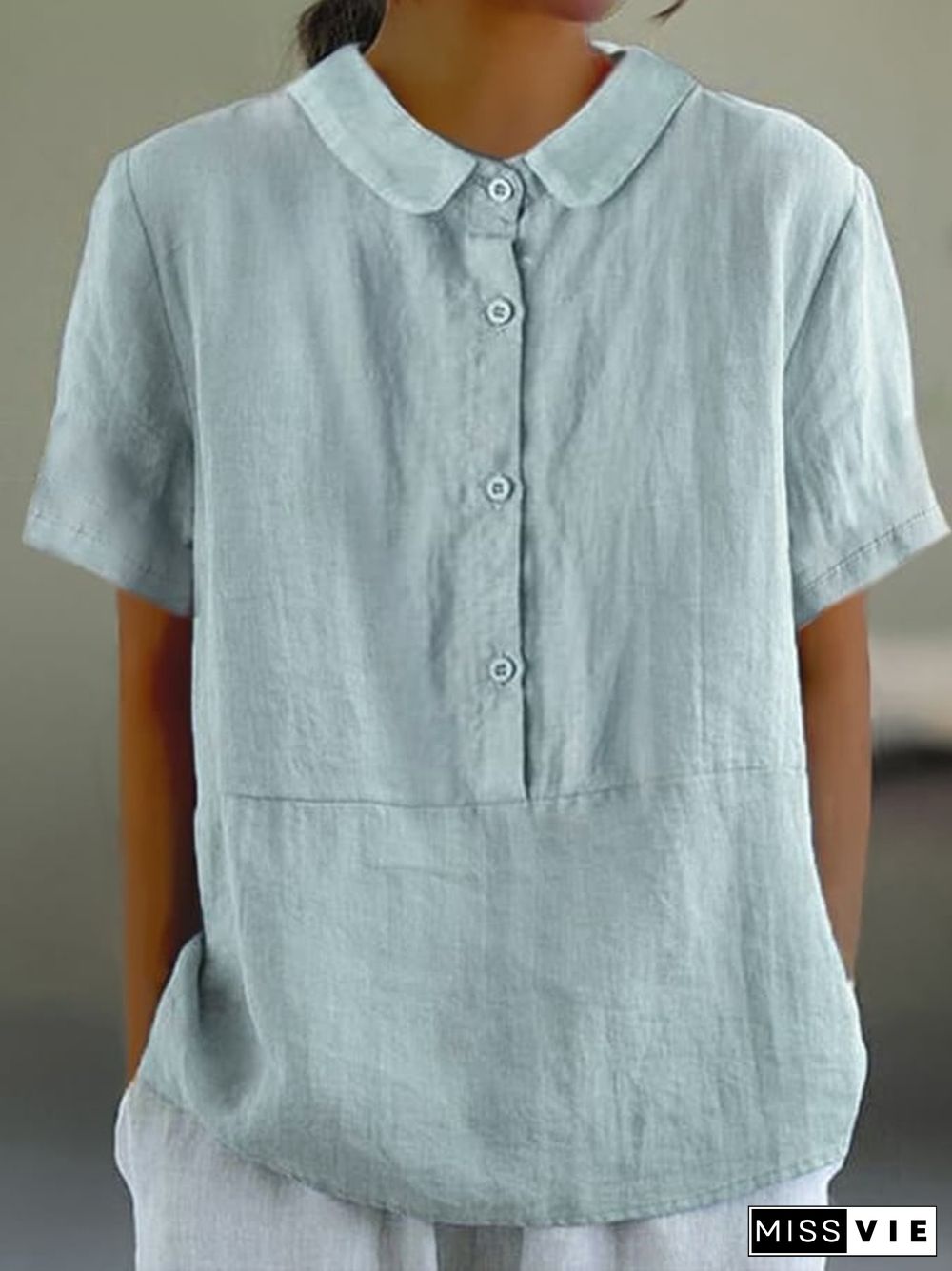 Women's Solid Color Cotton And Linen Lapel Short Sleeved Casual Blouse