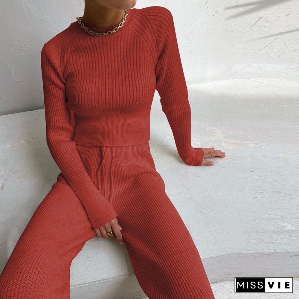 Knit Pullover Sweater Suit 2 Pieces Set Solid Women Tracksuit O Neck Sweater Long Pant New Fashion Chic Casual Knitted Outwear