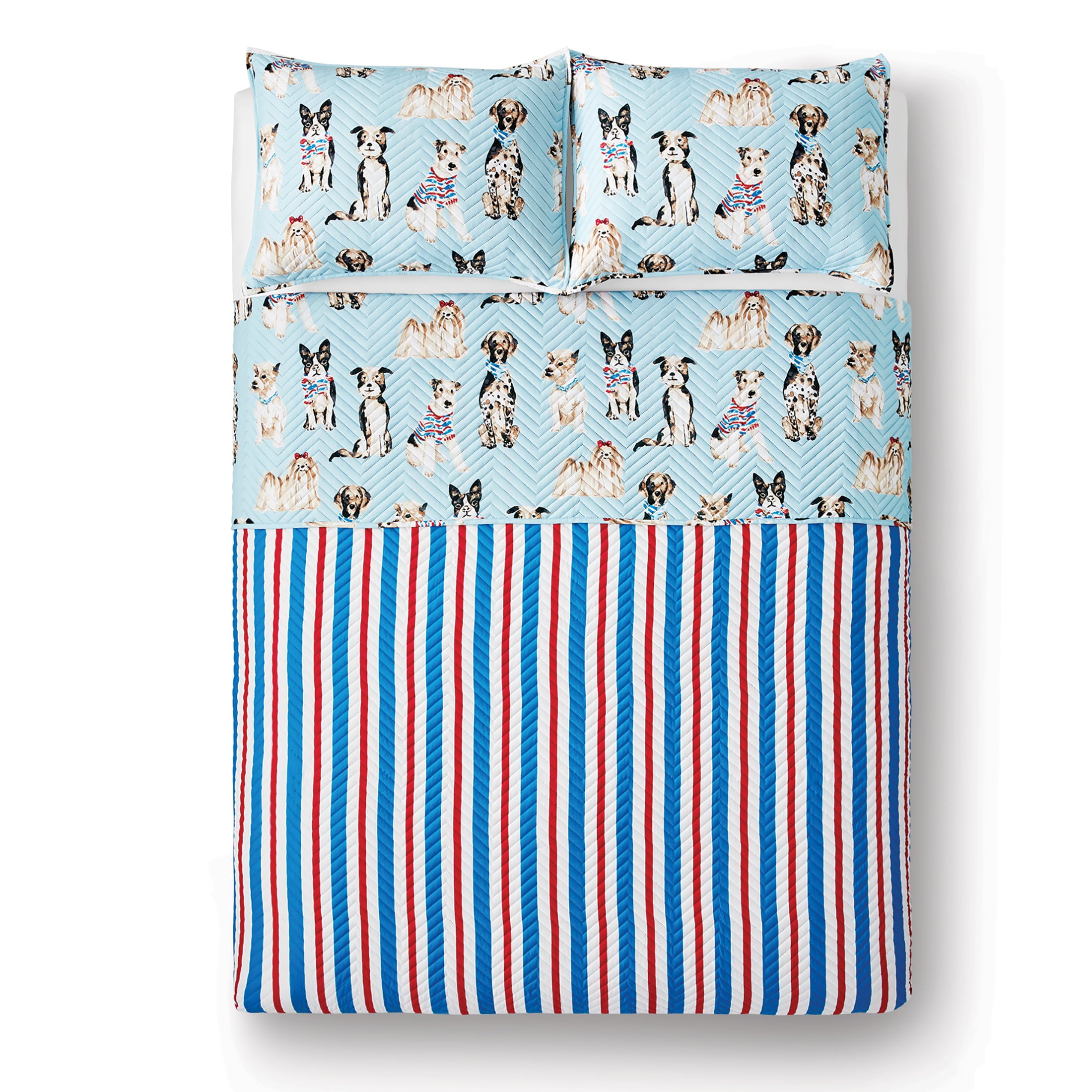 Blue Dogs Stripe Reversible Quilt Set with Tote， Mainstays， Full/Queen， 4 Pieces