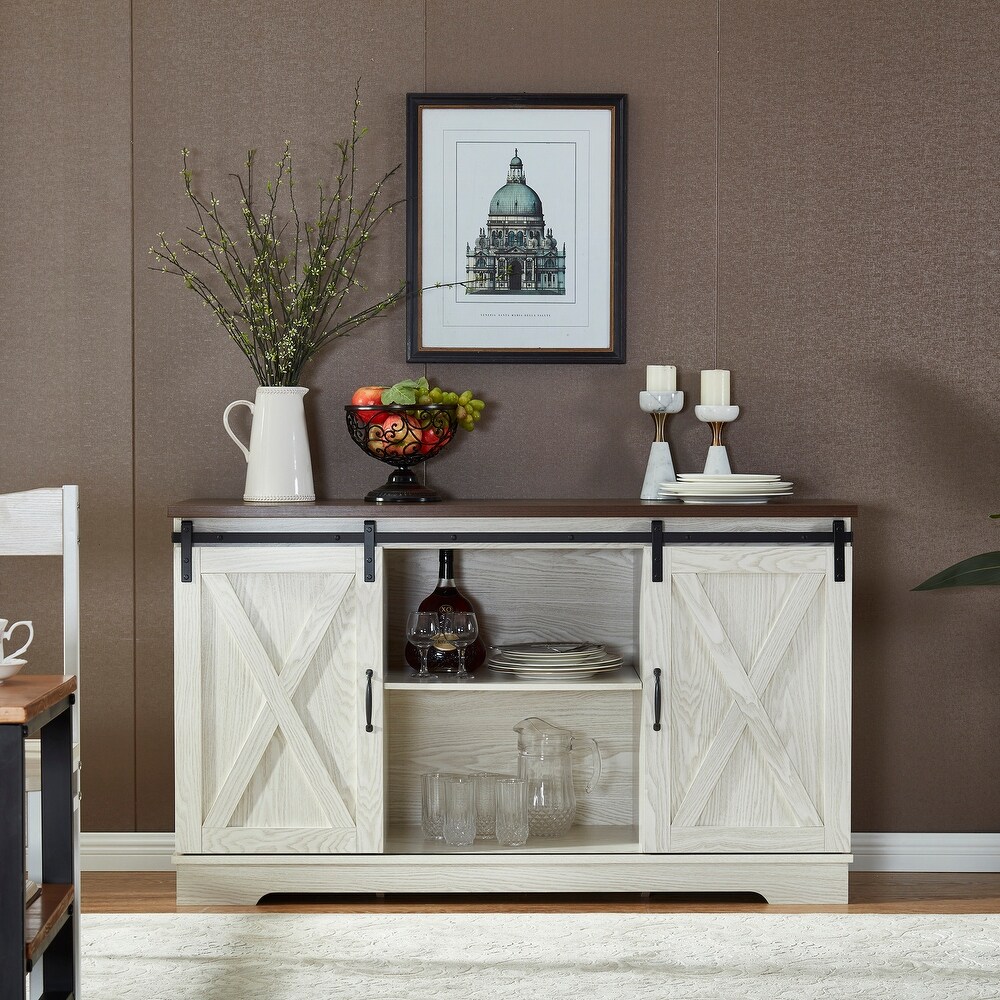 Modern Sliding Storage Cabinet  Multi purpose Buffet Sideboard with 2 Sliding Barn Doors  Wood Grain Storage Furniture