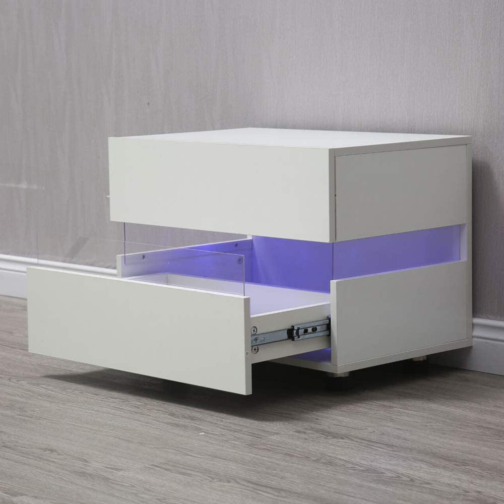 Anqidi White/Black High Gloss Nightstand, Modern Multi-color LED Light Bedside End Table Minimalist Storage Cabinet with 2 Drawers