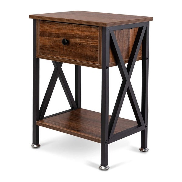 End Table/Side Table with Drawer and Open Storage Shelves and X Side Structure， Nightstand，Table for Bedroom Living Room