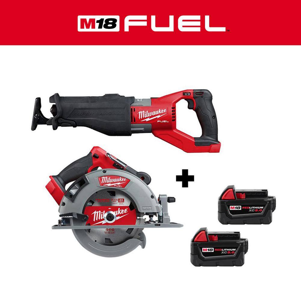 MW M18 FUEL 18V Lithium-Ion Brushless Cordless Super SAWZALL Reciprocating Saw and Circular Saw with (2) 5.0 Batteries 2722-20-2732-20-48-11-1850-48-11-1850