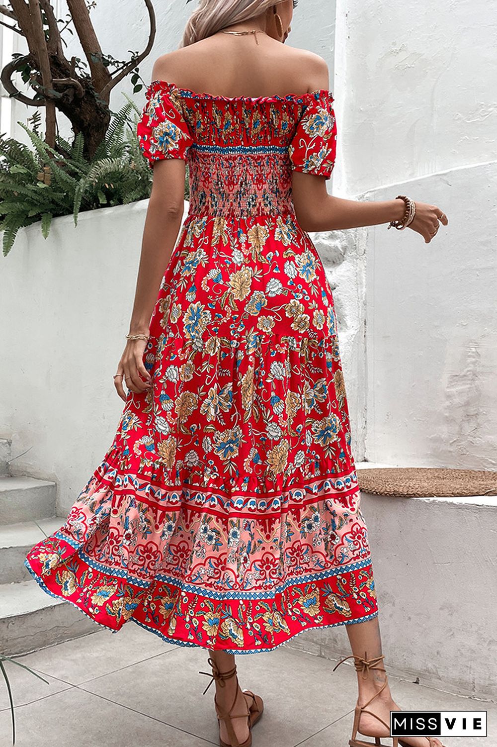 Red Off Shoulder Floral Ruffle Dress