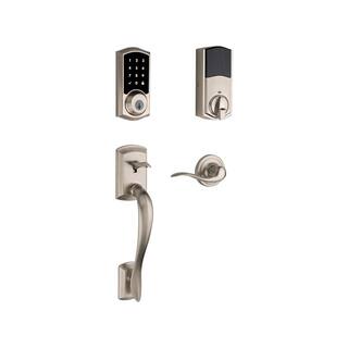 Kwikset Z-Wave SmartCode 916 Touchscreen Satin Nickel Single Cylinder Electronic Deadbolt with Avalon Handleset and Tustin Lever 916TRLHSET15