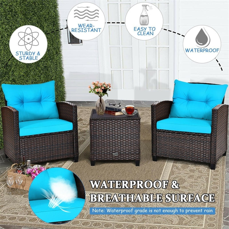 3 Pcs Rattan Patio Conversation Set Outdoor Wicker Sofa Set with Washable Cushions & Coffee Table