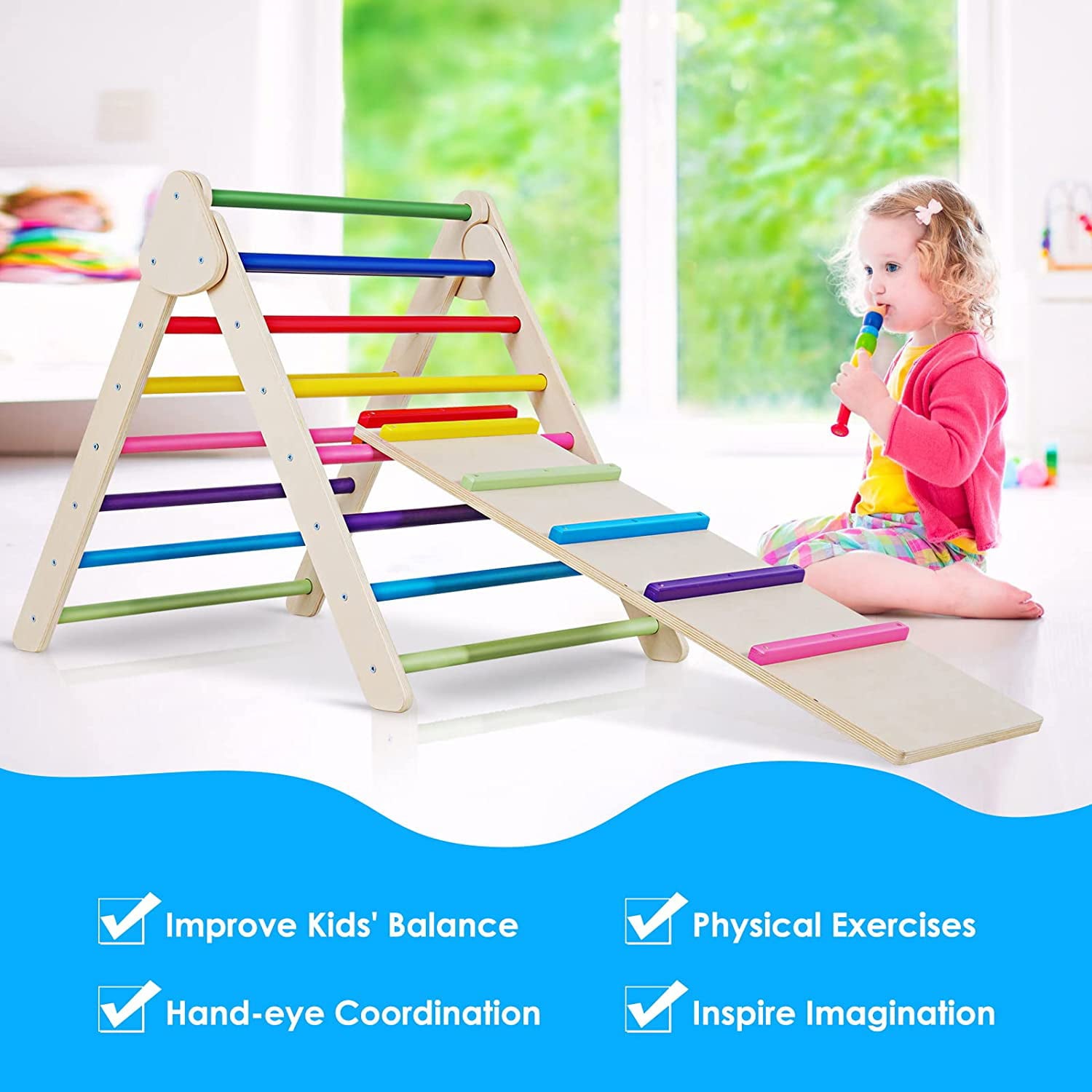 Montessori Climber with Ramp，Indoor Montessori Climbing Toys for Kids， Climbing Triangle Pickler Wood Ramp for Toddlers， Foldable Toddler Pikler Gym(Middle) (Iridescence)…