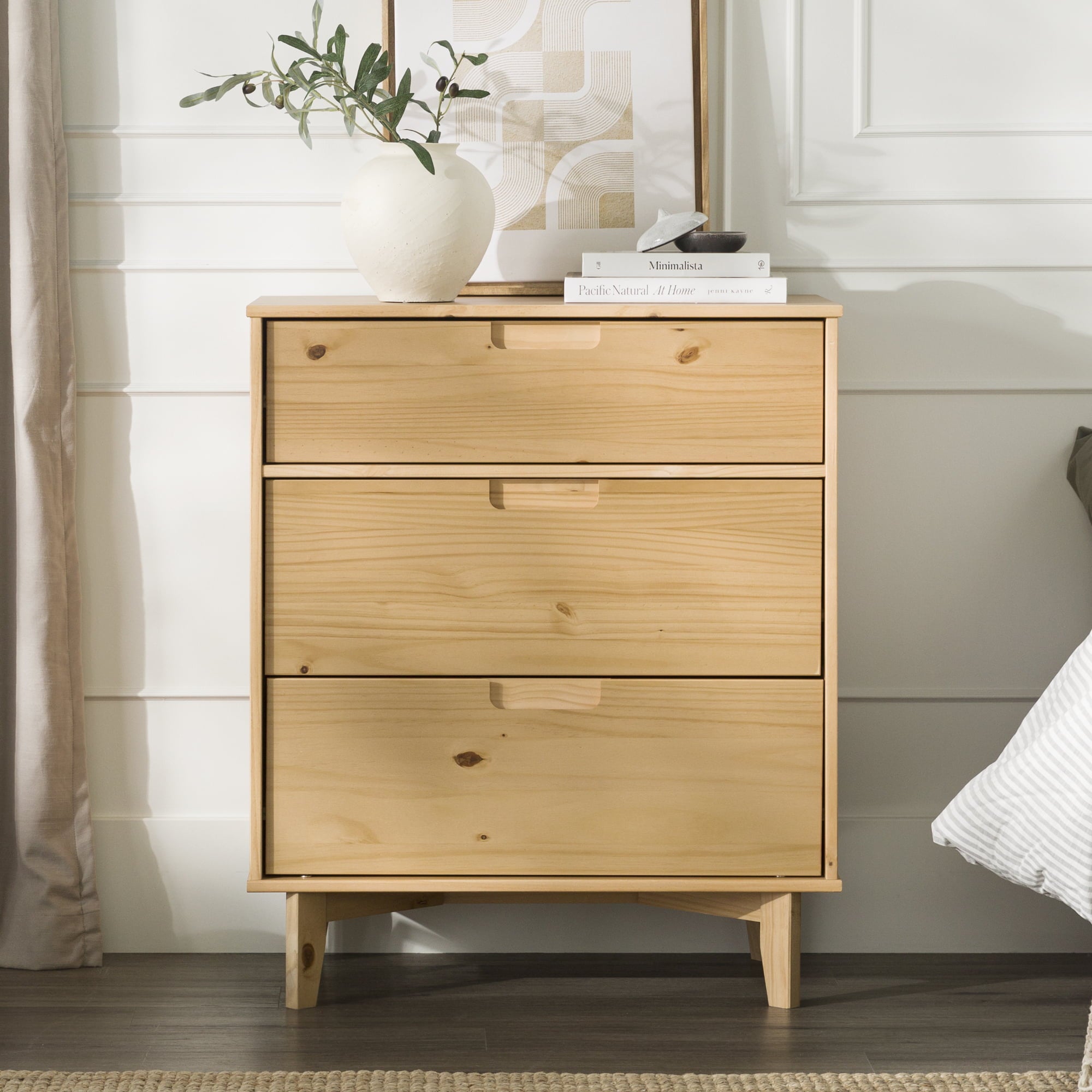 Manor Park 3-Drawer Groove Handle Solid Wood Dresser - Natural Pine