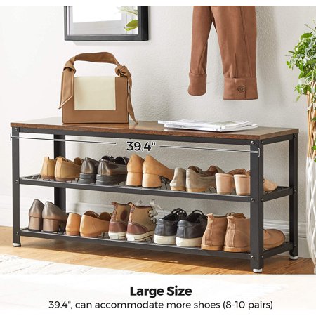 VASAGLE 3-Tier Shoe Rack Bench  39.4” Long 12 Pair of Shoes Shelves Storage Bench with Metal Mesh Shelves and Seat for Entryway Rustic Brown and Black