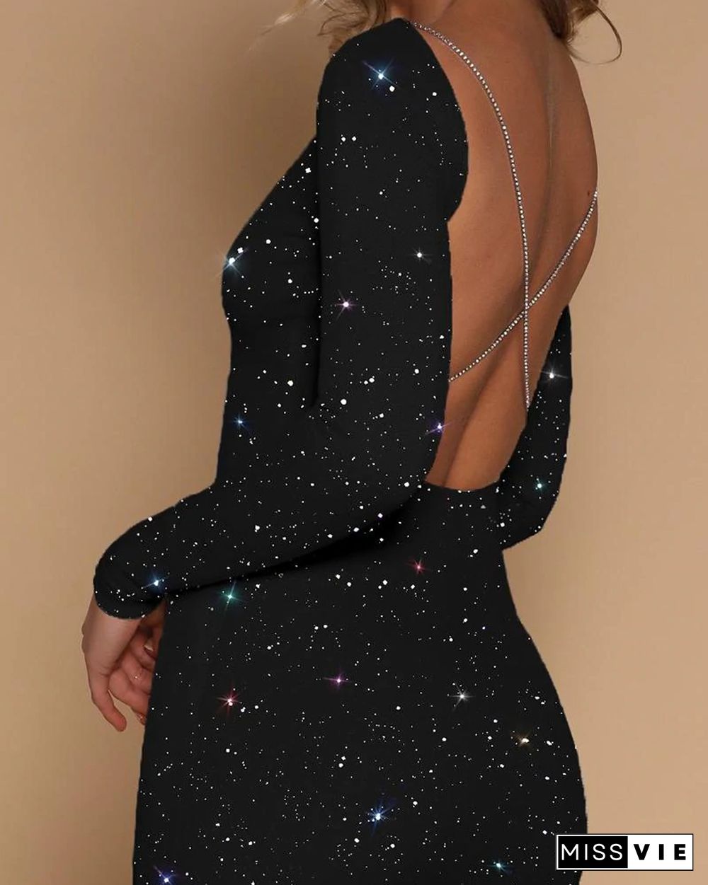 Glitter Open Back Crisscross Long Sleeve Bodycon Dress Black Dresses