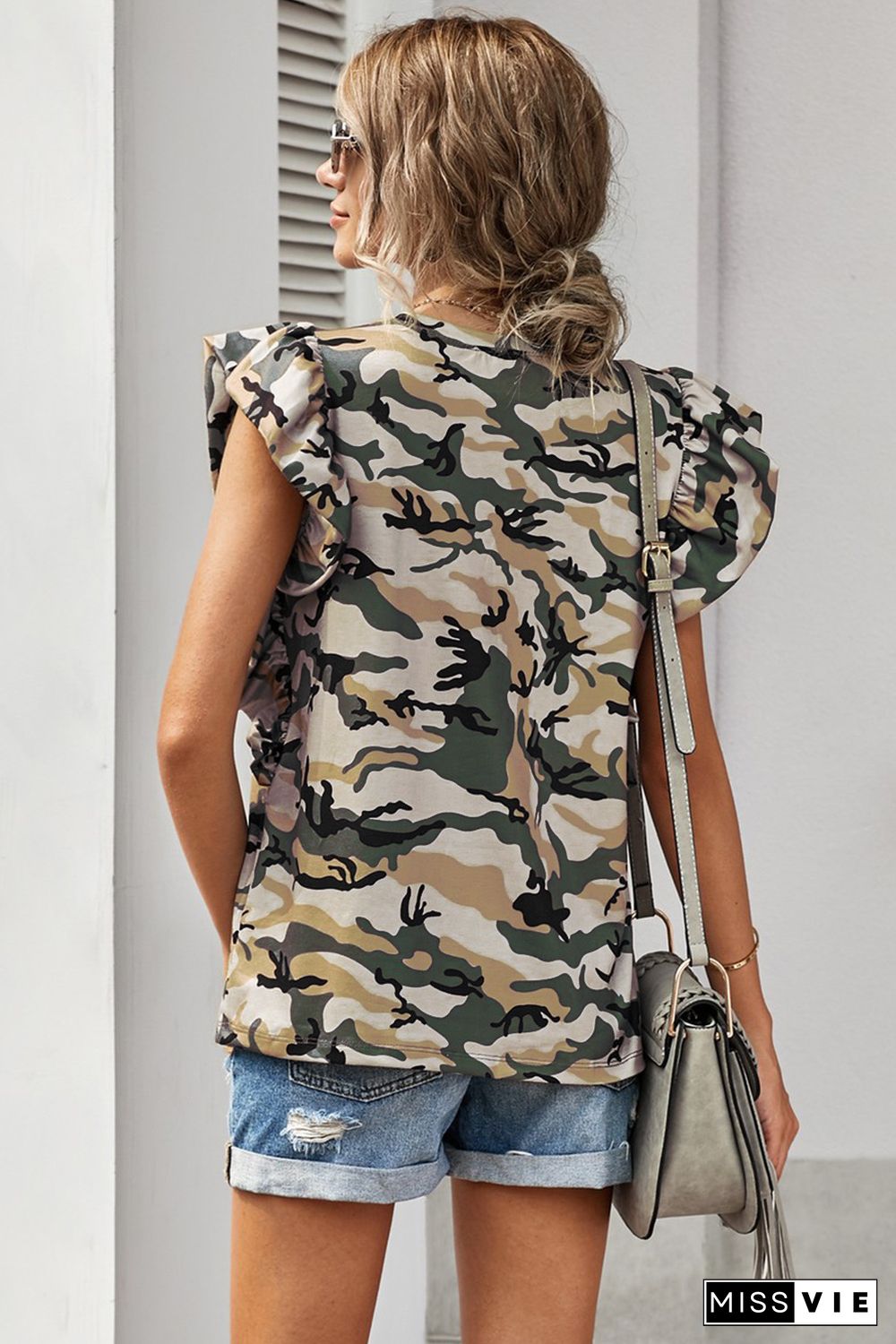 Green Camouflage Print Ruffled Cap Sleeve T-shirt