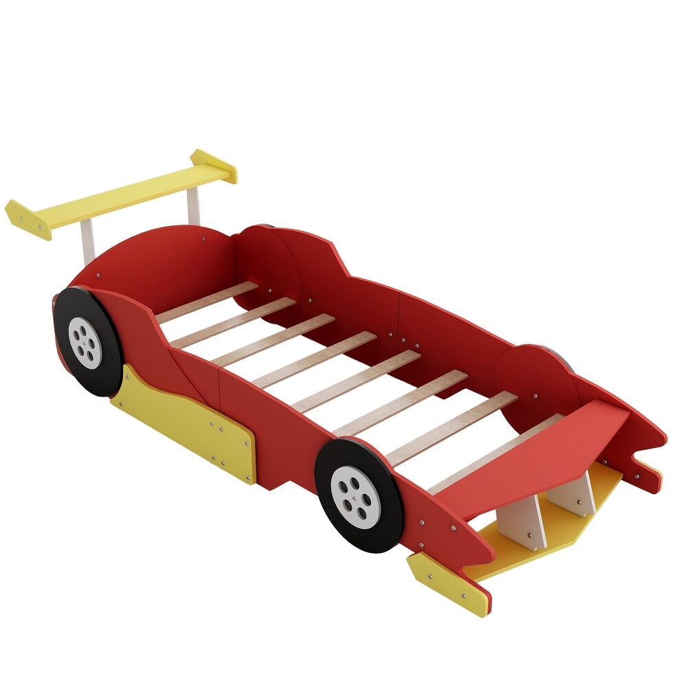 Red Twin Size Playhouse Race Car Shaped Bed w/ Hidden Storage Footboard and Wheel  Platform Storages Bed  No Box Spring Needed