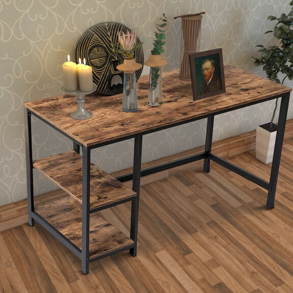 Industrial 55 inch Wood and Metal Desk with 2 Shel...