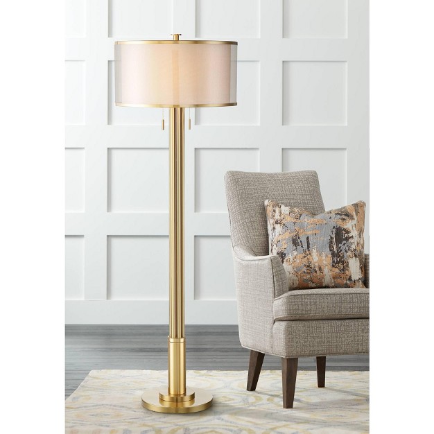 Tall Brass Metal Sheer Organza Outer Linen Inner Drum Shade For Living Room Bedroom Office Home