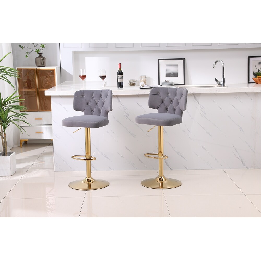 Modern Grey Swivel Velvet Bar Stool Counter Bar Chairs Adjustable Tufted Stool W/ Back for Bar Kitchen Island Chair (Set of 2)