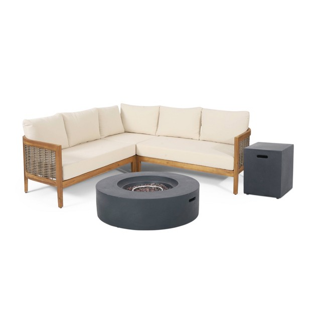 5pc Burchett Outdoor Acacia Wood wicker Round 5 Seat Sectional Set With Fire Pit Dark Gray Christopher Knight Home