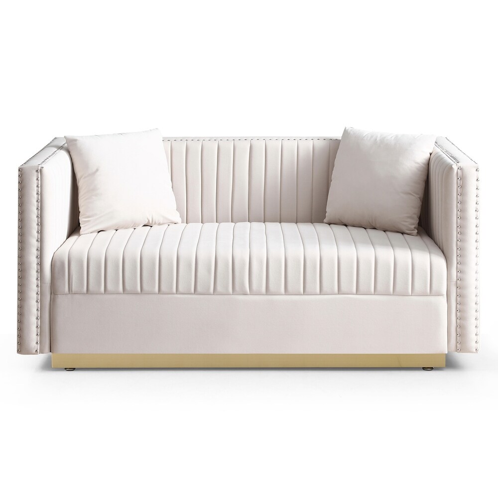 Vertical Tufted Sofa Set Velvet Sectionals Sleeper Loveseat 2pcs Recliner Couch w/ 4 Pillows for Living Room  Beige