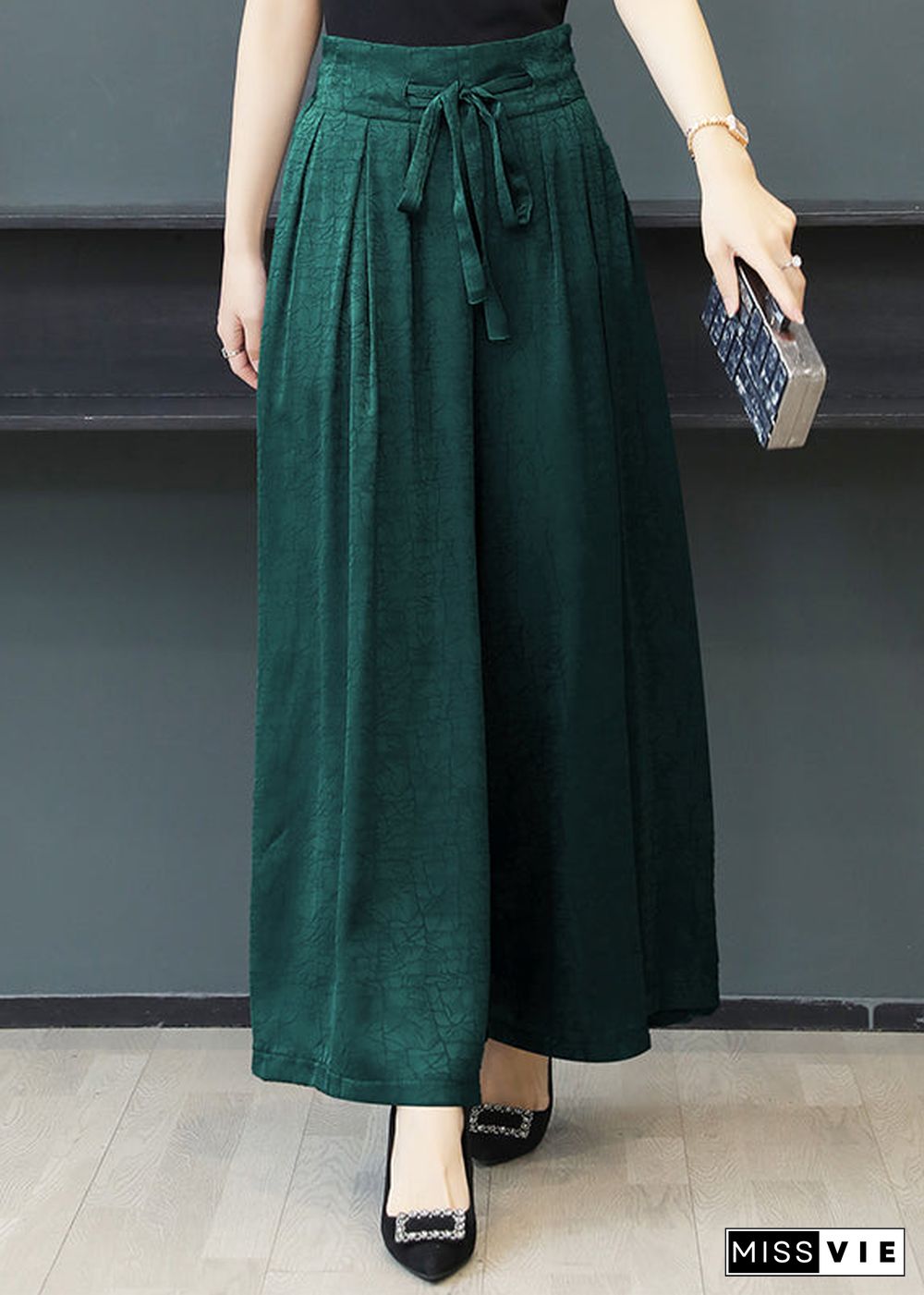 Loose Green Pockets High Waist Tie Waist Maxi Pants Fall