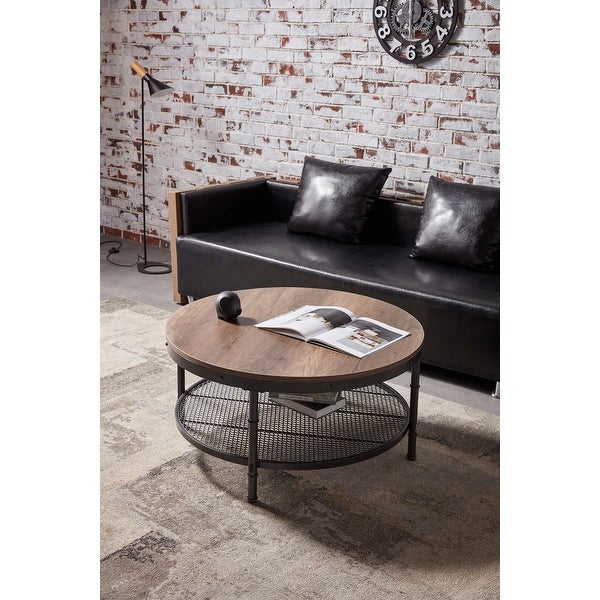 2-Tier Single Panel Round Coffee Table with Metal Frame and Mesh