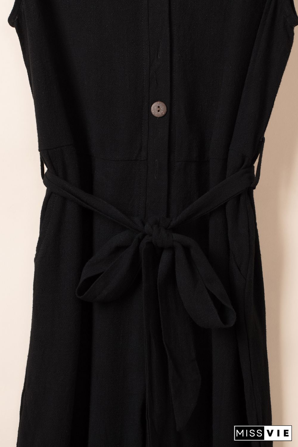 Black V Neck Button Belted Jumpsuit with Pockets