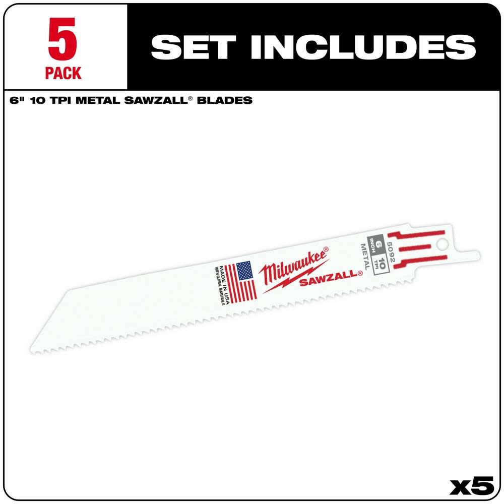 Milwaukee 6 in. 10 TPI Thin Kerf SAWZALL Blades 5PK 48-00-5092 from Milwaukee