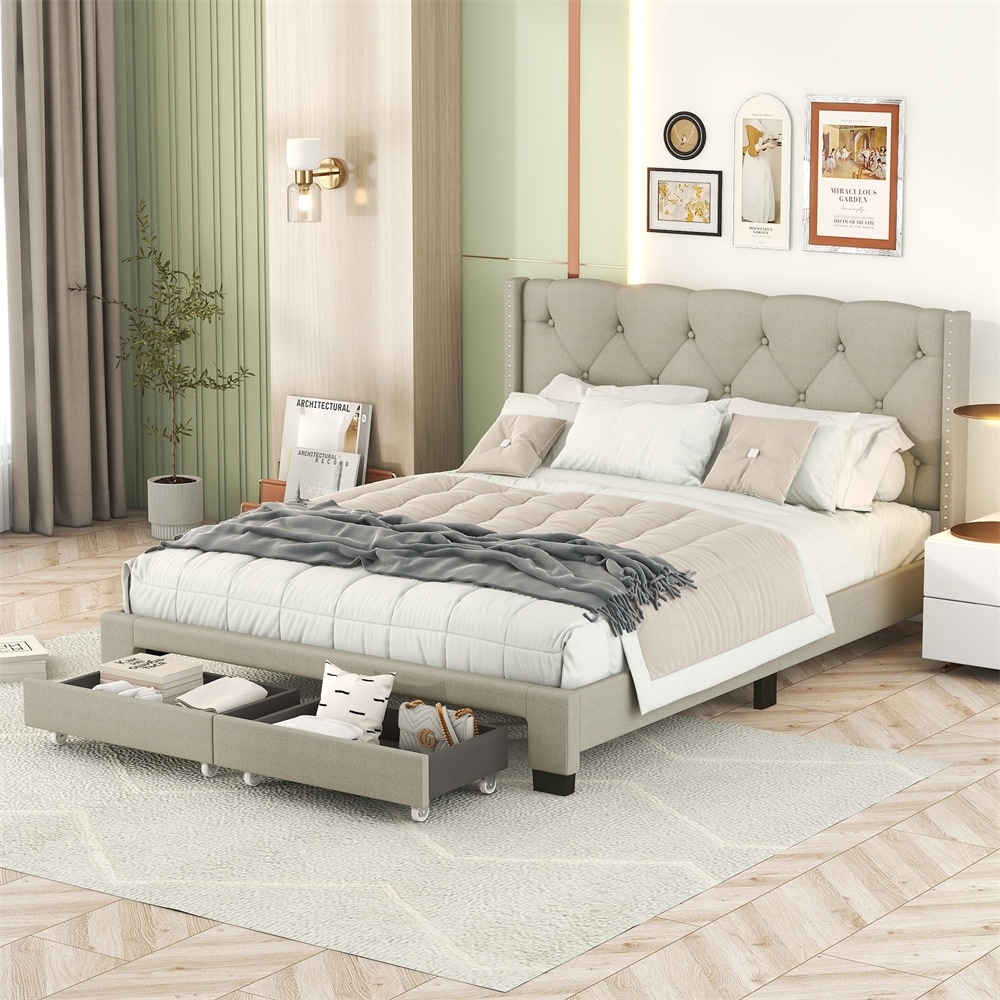 Queen Size Storage Bed Linen Upholstered Platform Bed with Two Drawers