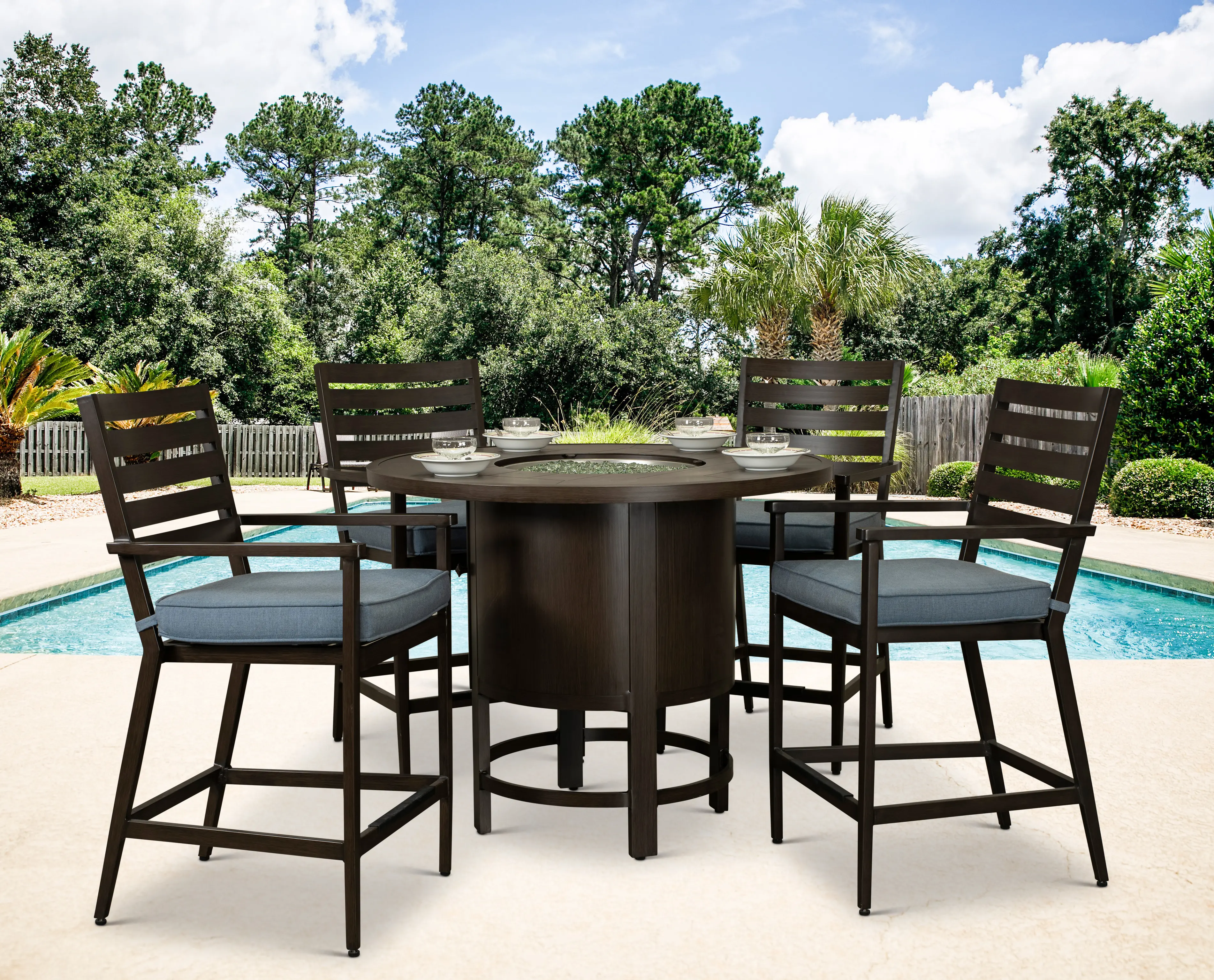 Adeline 5 Piece Dining and Fire Pit Patio Set