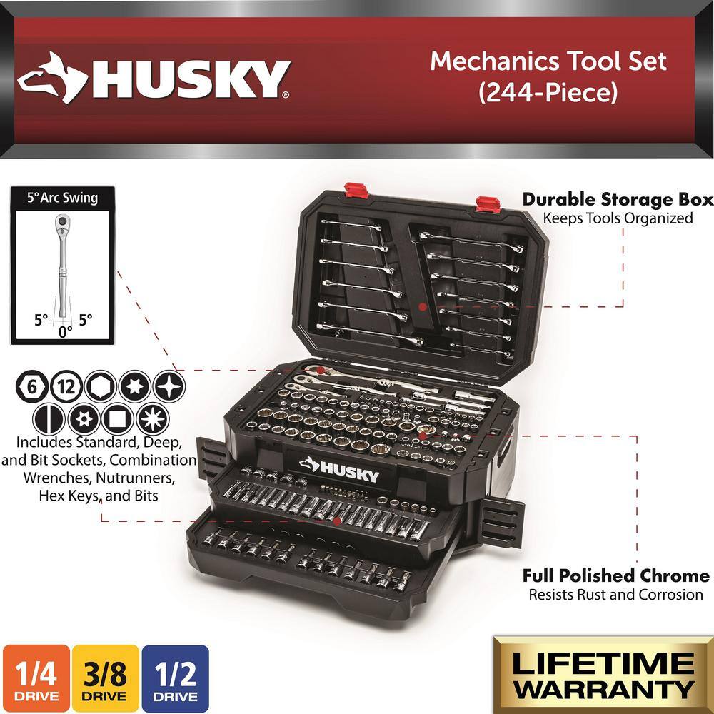 Husky 14 in. 38 in. and 12 in. 72-Tooth Ratchet Mechanics Tool Set with Chest (244-Piece) H244MTSCHEST