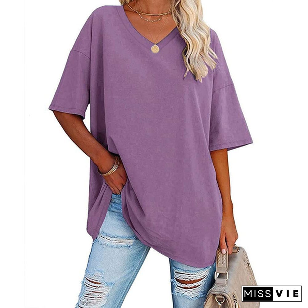 XS-8XL Spring Summer Tops Plus Size Fashion Clothes Women's Casual Short Sleeve Tee Shirts Ladies O-neck Blouses Solid Color Oversized Pullover Tops Half Sleeve Loose T-shirt Beach Wear Cotton T-shirt