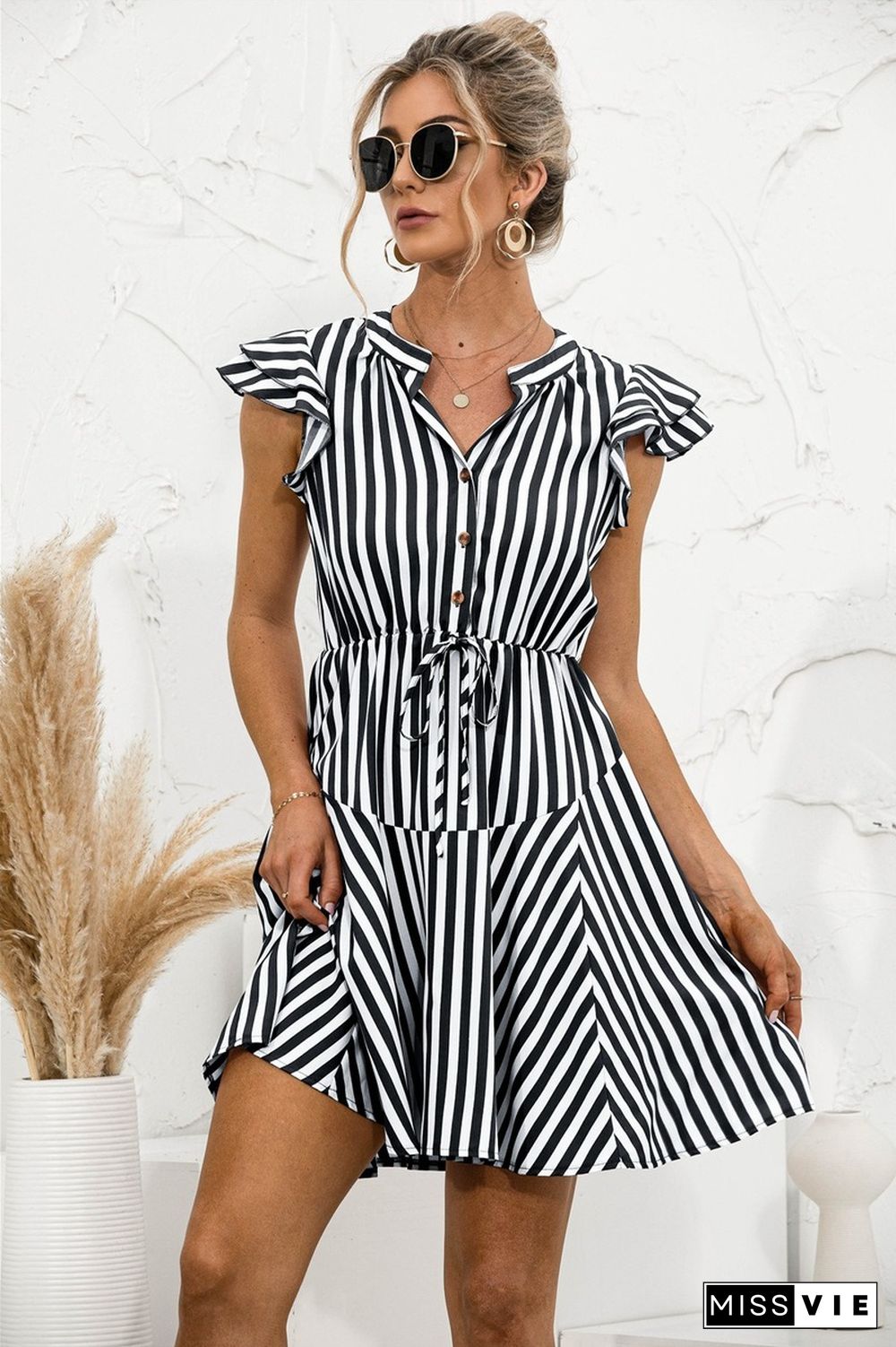 Fashion Striped Button Casual Mini Ruffles Dress Summer A- Sexy V-neck Short Dress For Womens Beach Dress High Street