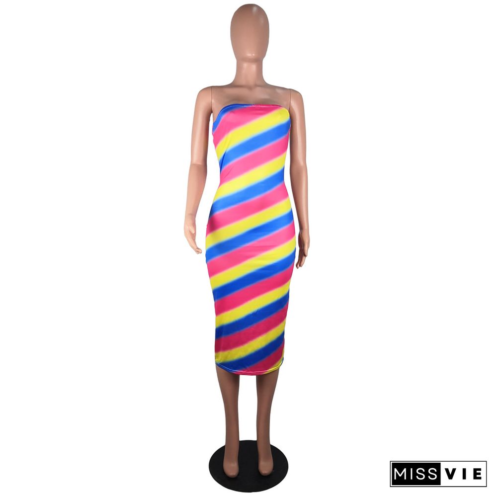 Rainbow Stripes Sexy Strapless Maxi Dress