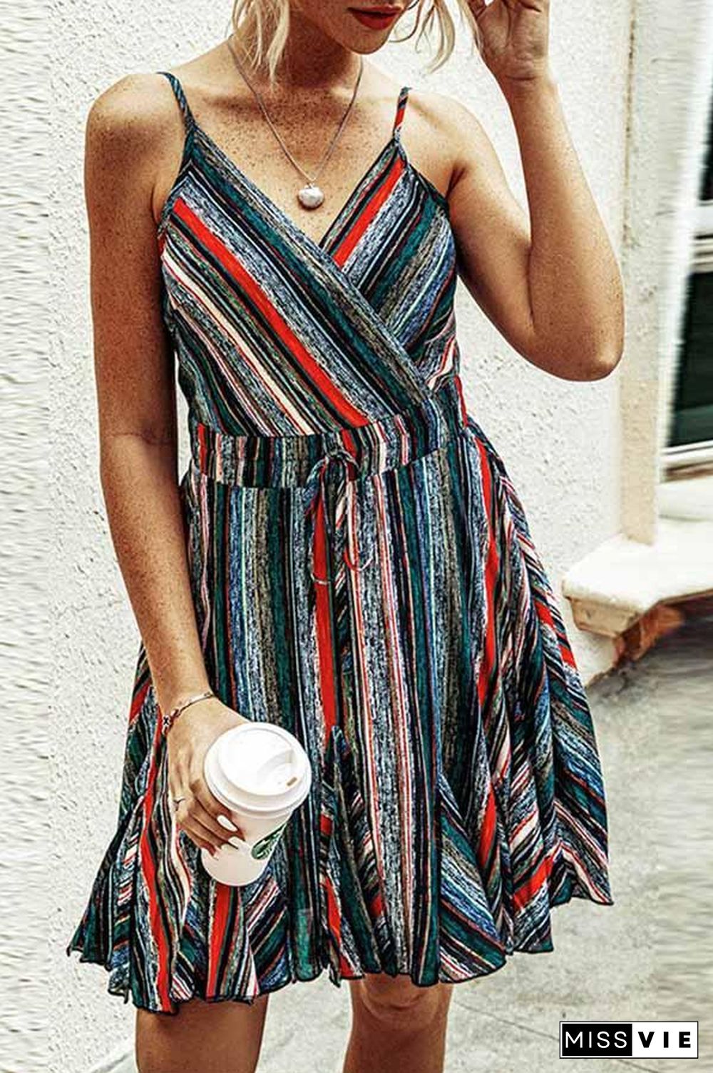 Rainbow Striped V-neck Camisole Dress P14344