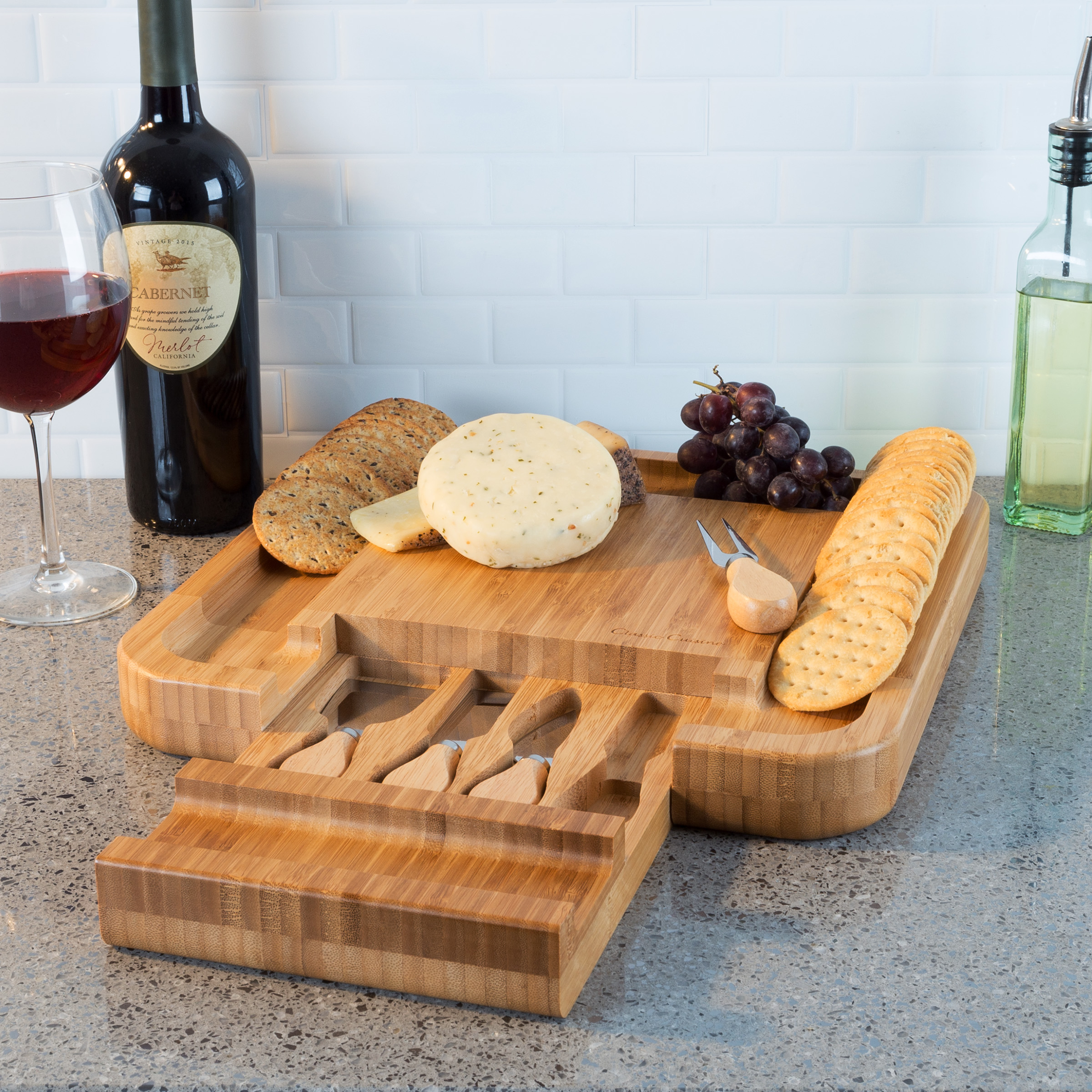 Classic Cuisine Bamboo Cheese Serving Tray with 4-Piece Cutlery Set (Tan)