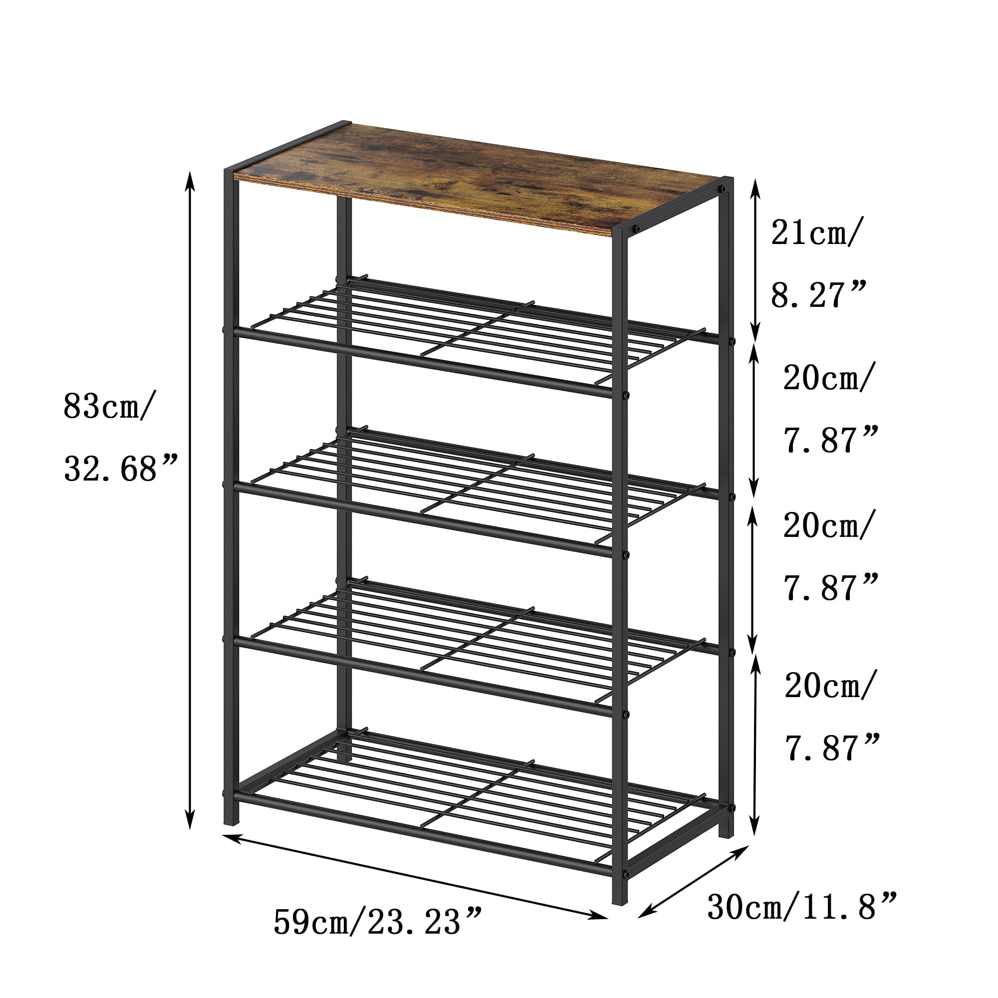 Yusong Shoe Rack， 5 Tier Shoe Organizer Storage for Closet Entryway， Narrow Tall Metal Shoe Shelves with Industrial Wooden Top， Rustic Brown and Black