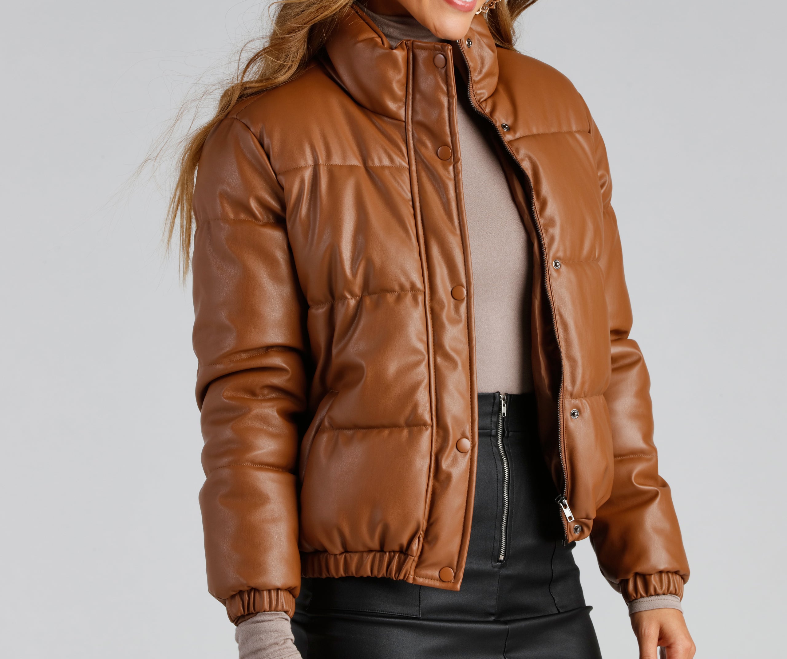 Stylish Edge Faux Leather Puffer Jacket