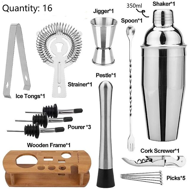 Insulated Cocktail Shaker Bartender Kit Cocktail Shaker Mixer Stainless Steel 350ml Bar Tool Set with Stylish Bamboo Stand Perfect Home Bartending Kit and Martini Cocktail Shaker Set