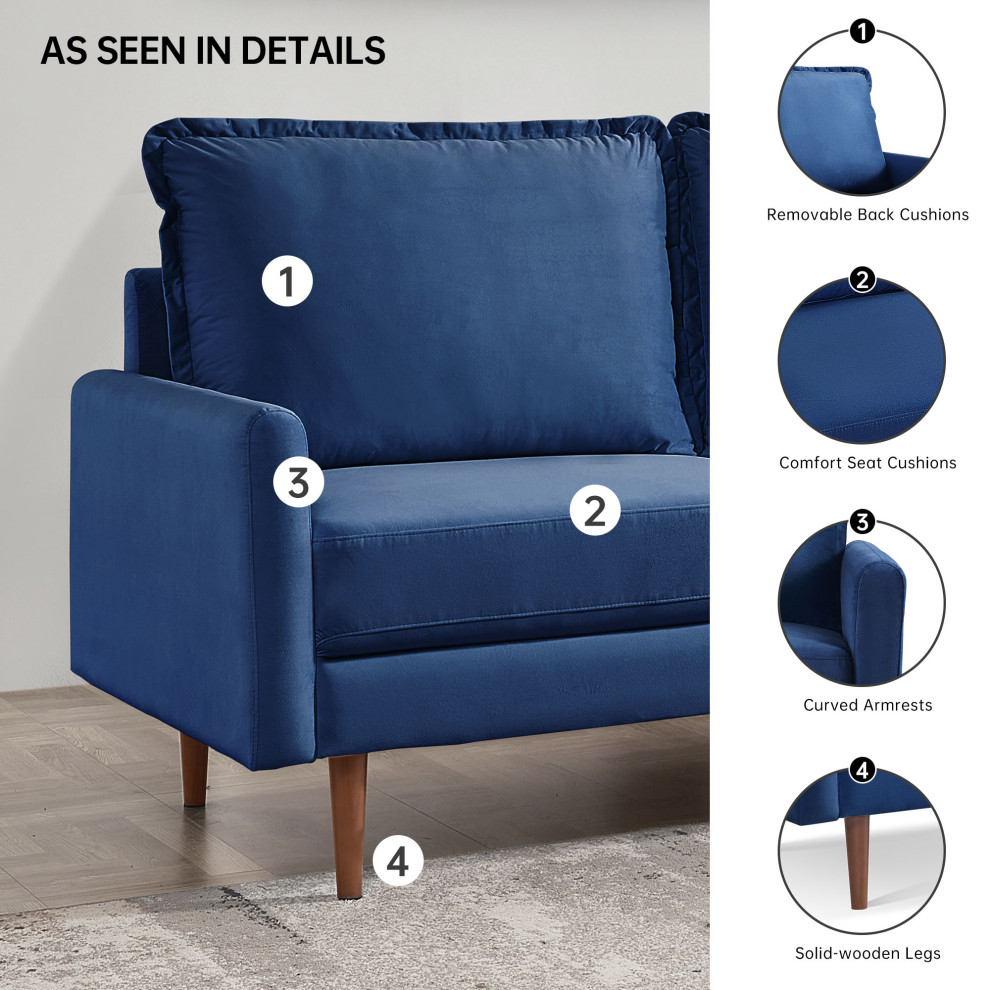 38.6H x 68.5W x 31.5D Blue Velvet Upholstered Loveseat   Midcentury   Loveseats   by IDEAZ International  LLC  Houzz