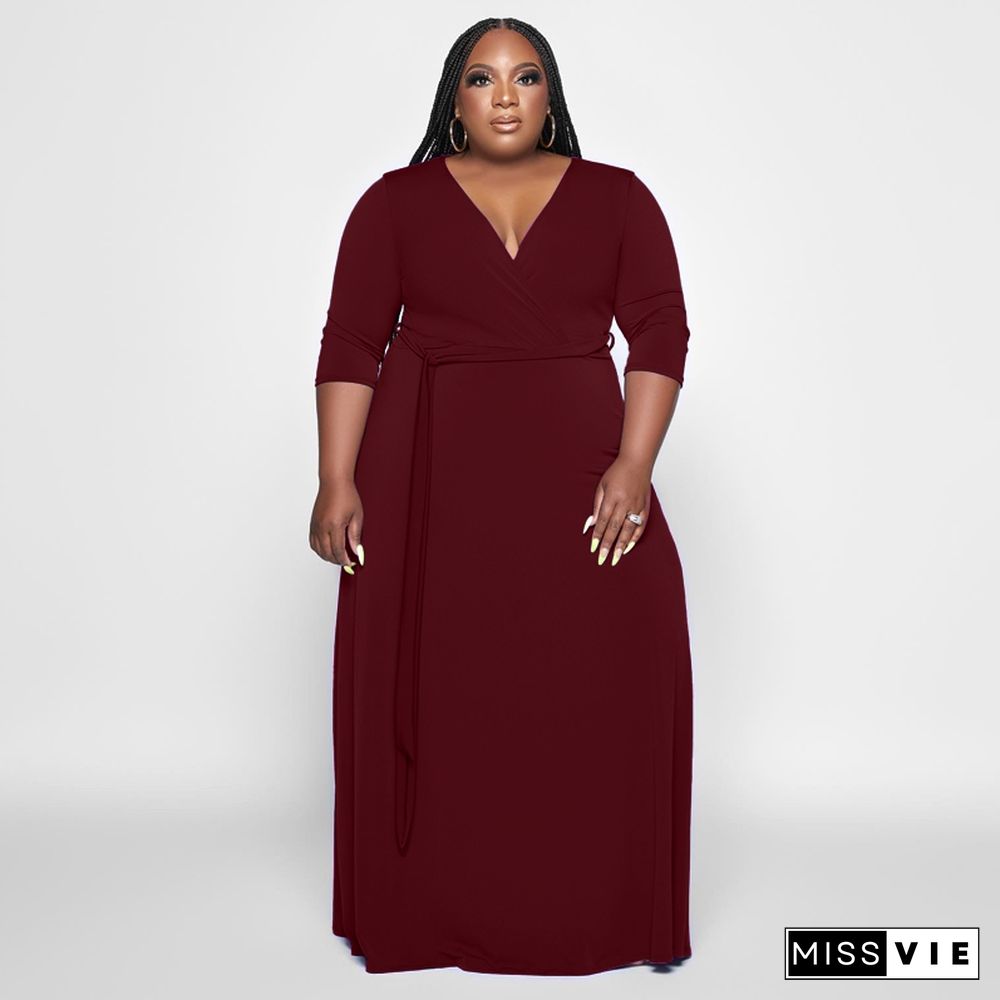 V Neck Sashes Loose Casual Plus Size Dresses