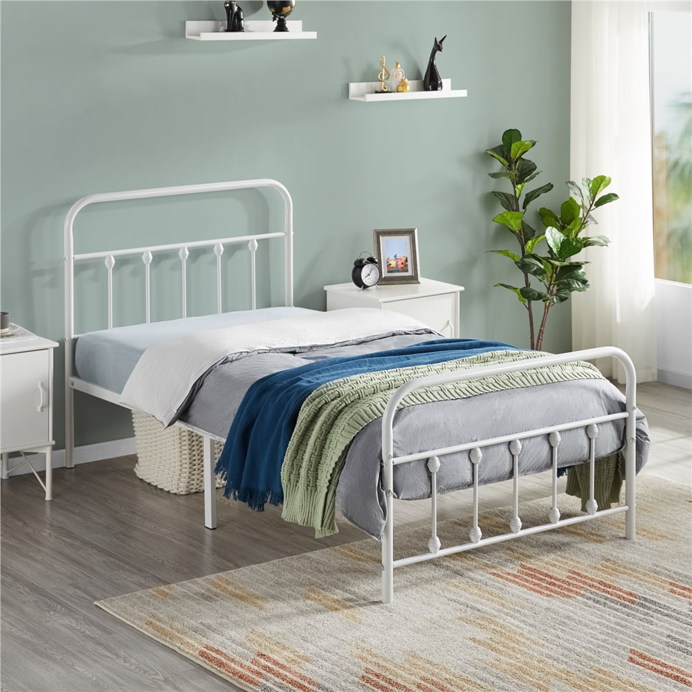 Alden Design Metal Platform Twin Bed with High Headboard, White