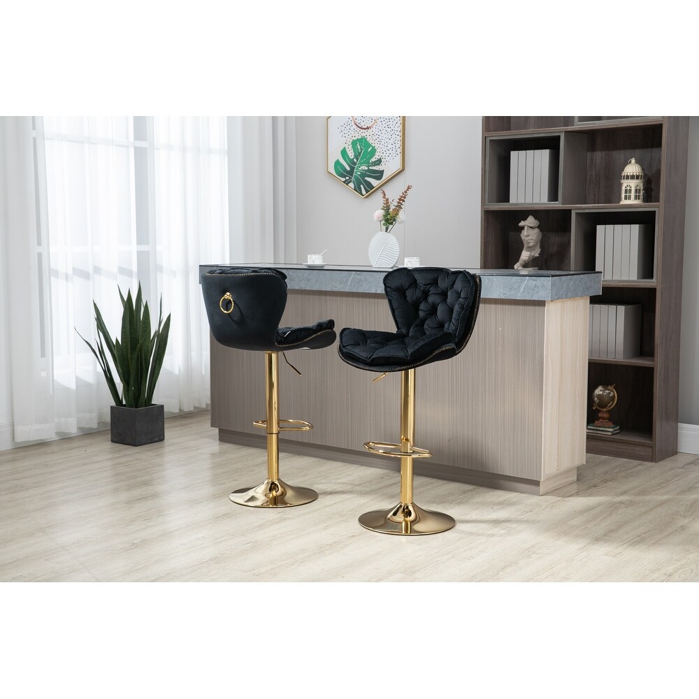 Modern Swivel Bar Stools  Set of 2  Adjustable Counter Height Velvet Upholstered Tufted Bar Stools with Back   Footrest  Black