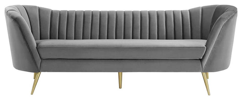 Mid Century Sofa  Velvet Upholstered Seat With Curved Channel Tufted Back  Gray   Transitional   Sofas   by Decorn  Houzz