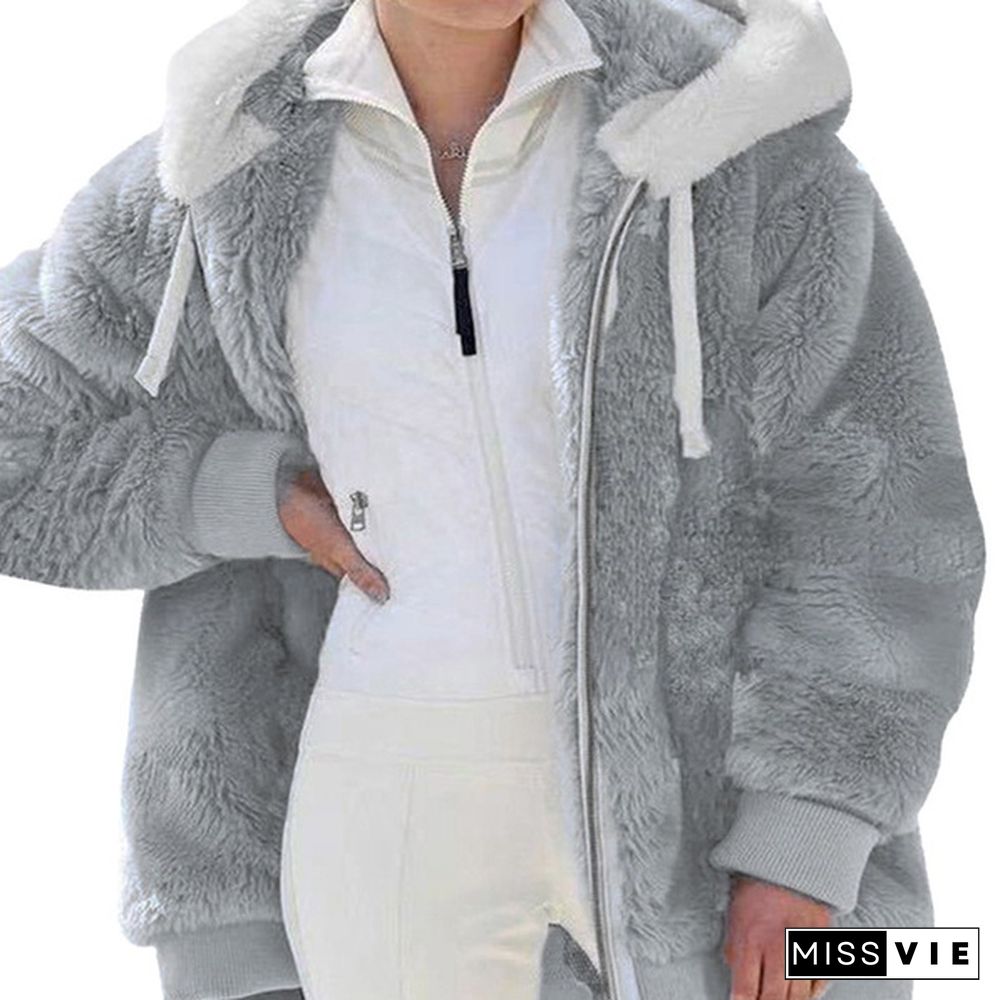 Women Winter Jacket Oversized Fashion Casual Stitching Clothes Hooded Zipper Ladies Lamb Hair Coat  Plus Size XS-5XL