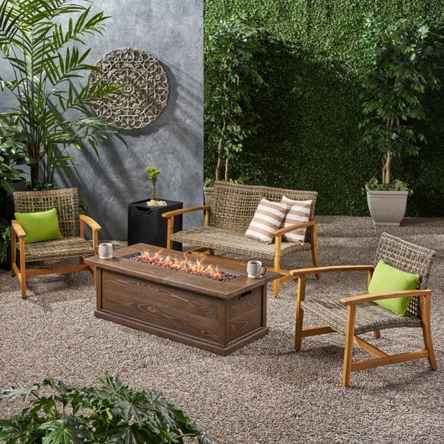 Breakwater 5pc Wood amp Wicker Patio Chat Set With Fire Pit Natural gray brown Christopher Knight Home