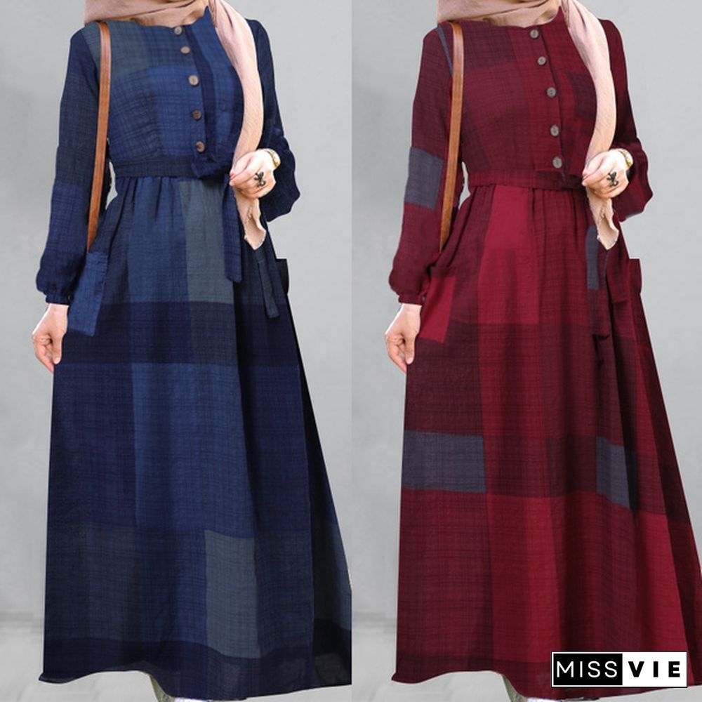 ZANZEA Women Plaid Check Blouson Long Shirt Dress Muslim Casual Party Evening Dresss Plus Size