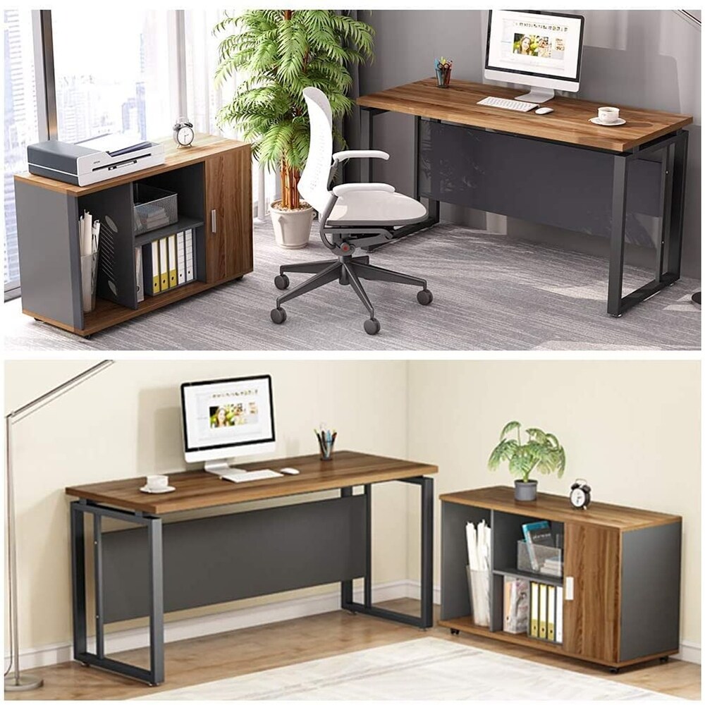 55 Inch L Shaped Computer Desk with File Cabinet Storage