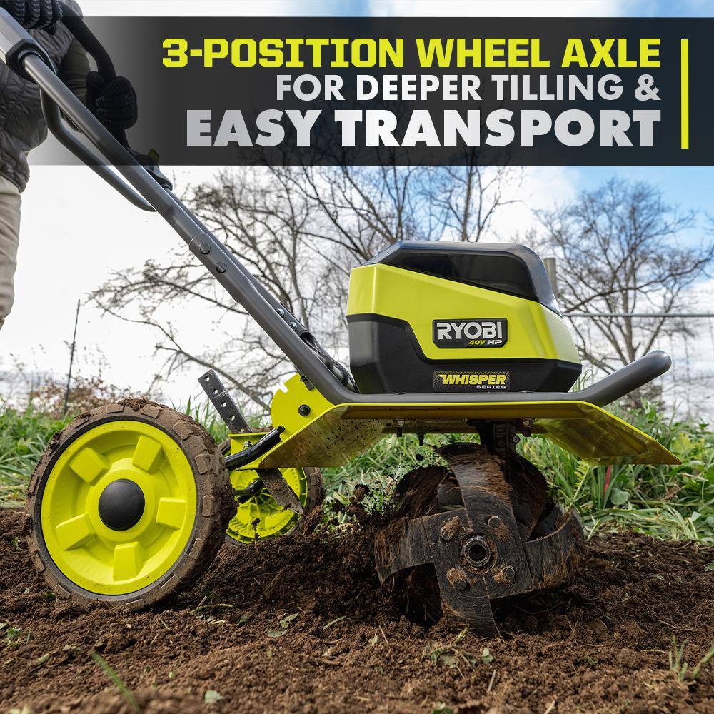 RYOBI 40V HP Brushless 16 in. Front Tine Tiller with Adjustable Tilling Width with 6.0 Ah Battery and Quick Charger RY40730