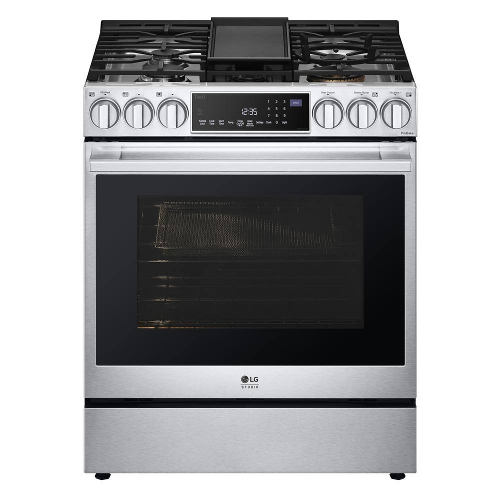 LG STUDIO 30 in. 6.3 cu. ft. Slide-in Gas Range with ProBake Convection Easy Clean Instaview and Air Fry in Stainless Steel LSGS6338F