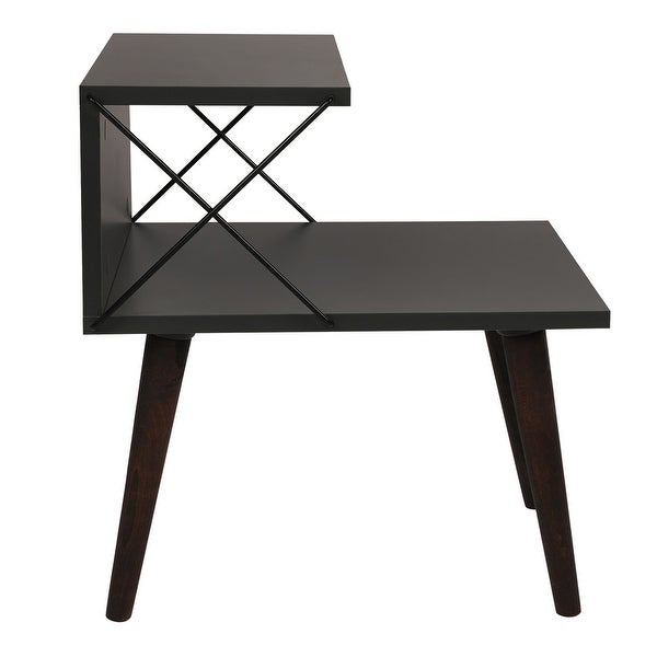 22 Inch Rectangular 2 Tier Wood Nightstand Side Table， Crossed Metal Bar Frame， Angled Legs， Charcoal Gray， Brown