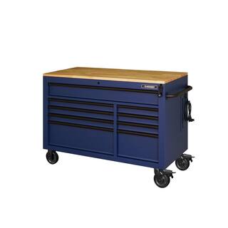 Husky 52 in. W x 25 in. D Heavy Duty 9-Drawer Mobile Workbench Tool Chest with Adjustable-Height Solid Wood Top in Matte Blue HOLC5209BL1M