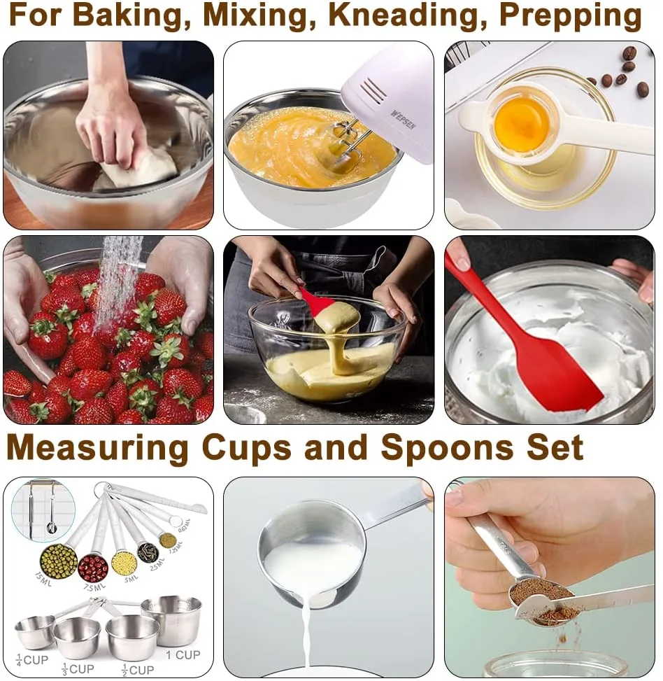 Hand Mixer Mixing Bowls Set, Upgrade 5-Speeds Handheld Mixers with 5 Nesting Stainless Steel Mixing Bowl, Measuring Cups and Spoons Whisk Blender Kitchen Cooking Baking Supplies For Beginner